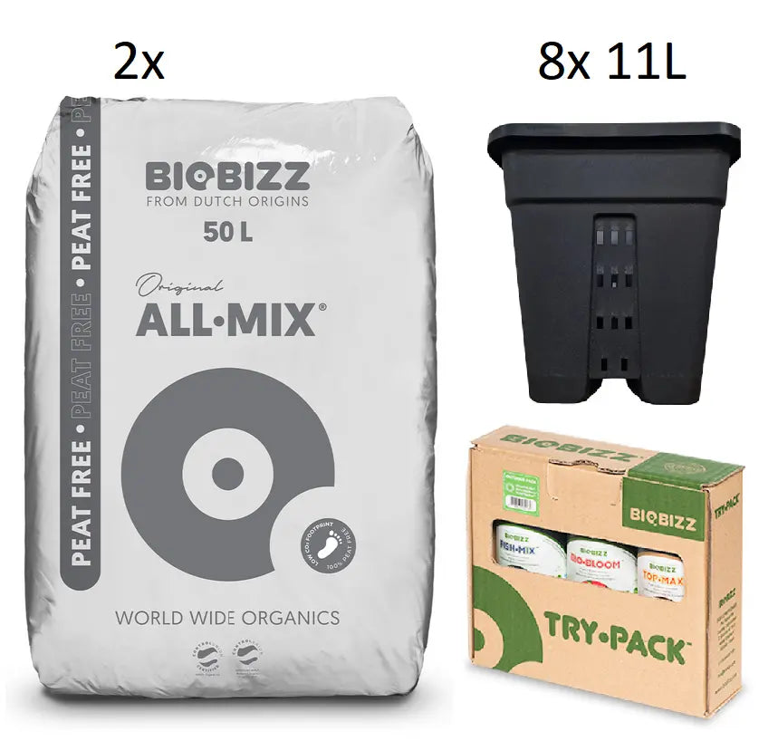 Set mit 8 AeroPot 11L, Biobizz-Erde und -Dünger