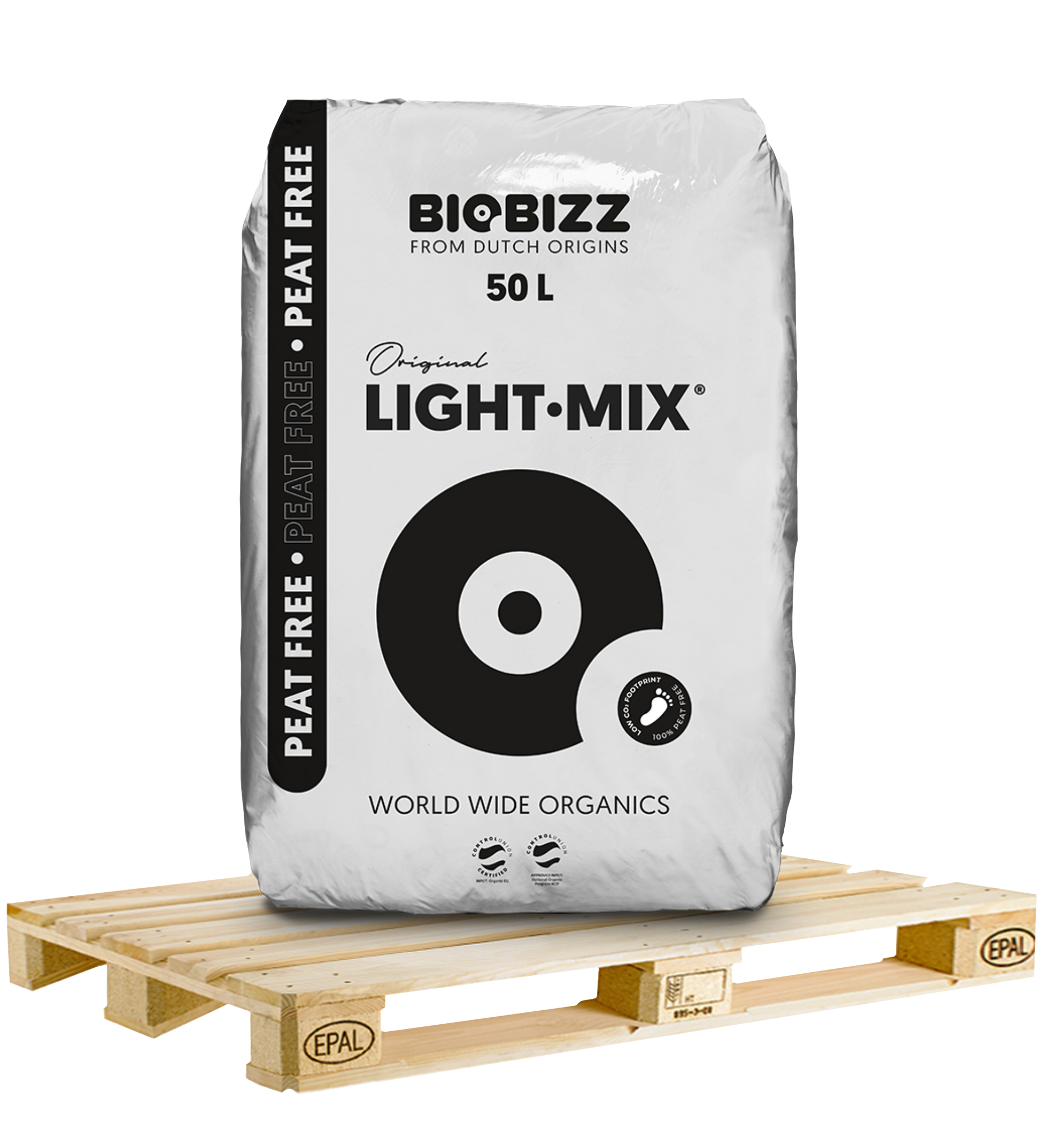 Erdsack 50 Liter Light Mix Troffrei von BioBizz mit Palette