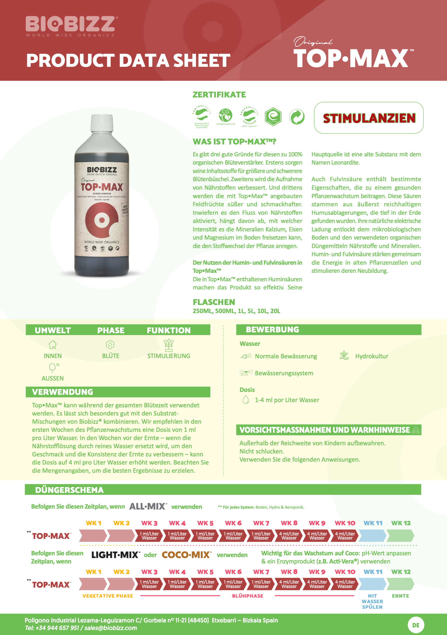 Biobizz Top Max Produktdatenblatt