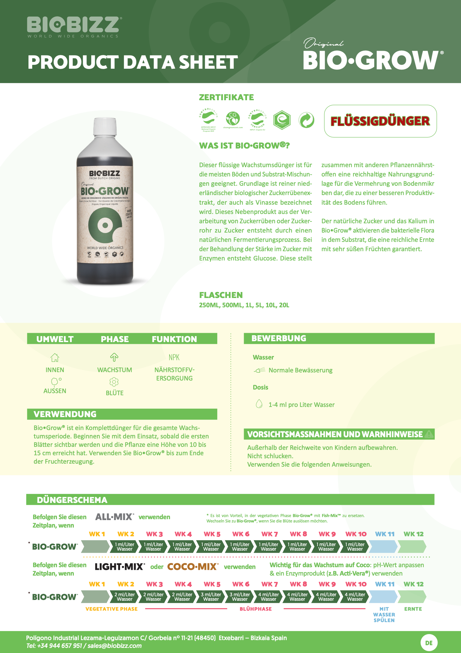 Produktdatenblatt Biobizz Bio GRow