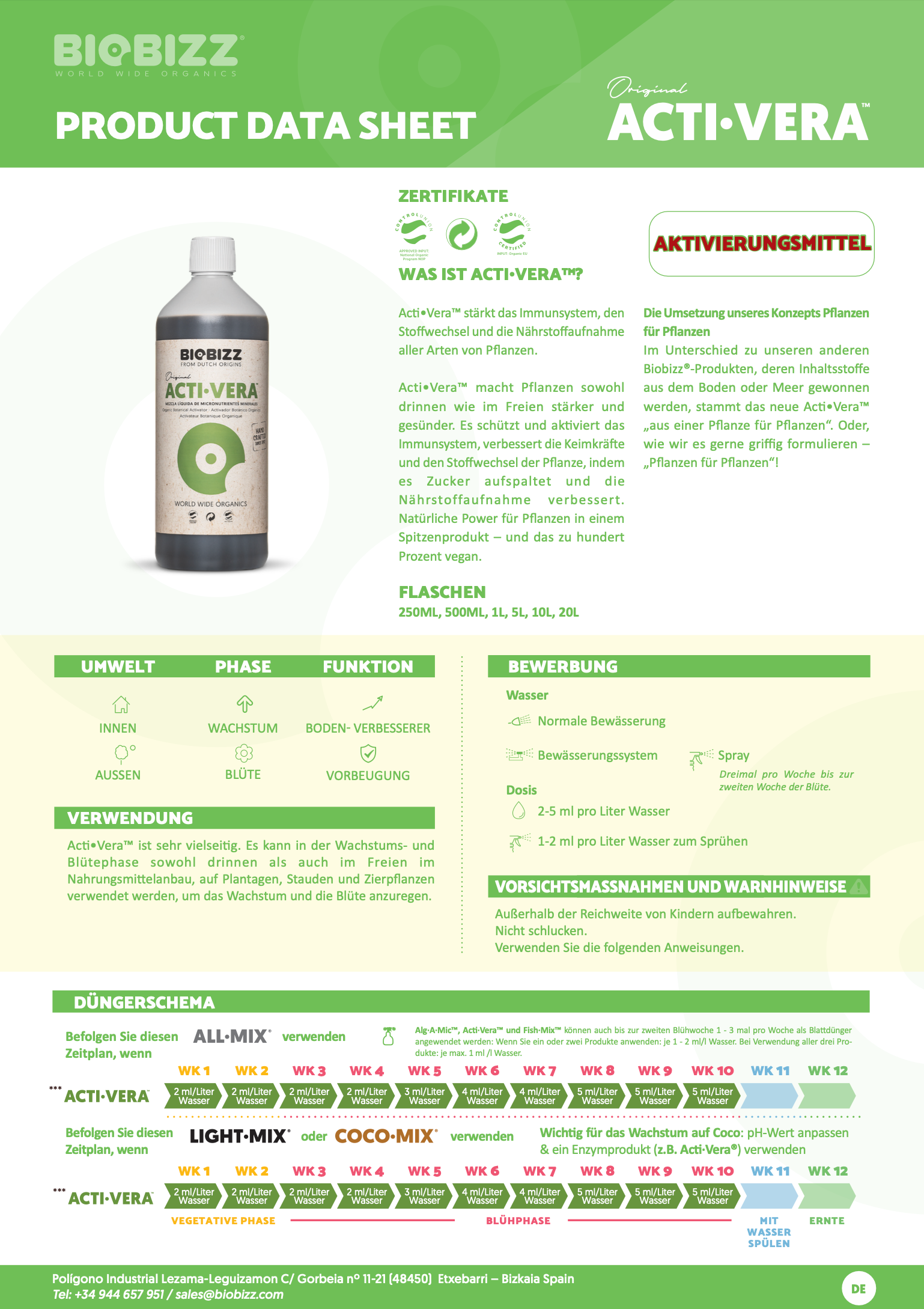 Produktdatenblatt Biobizz Acti Vera