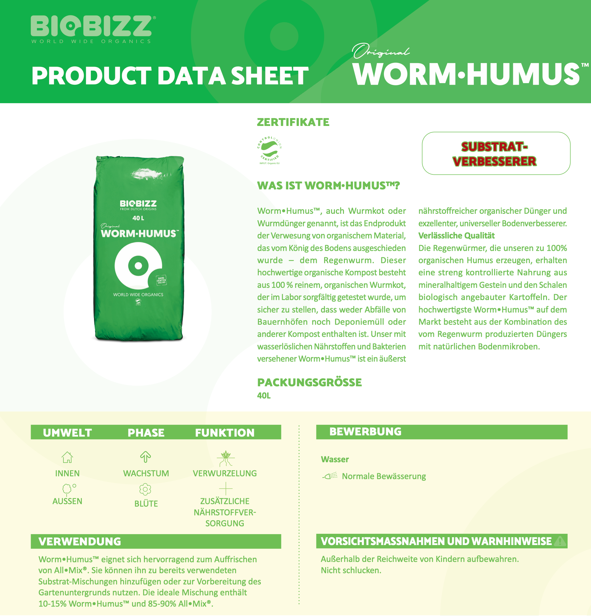 Bio Bizz Wurm Humus Produktdatenblatt