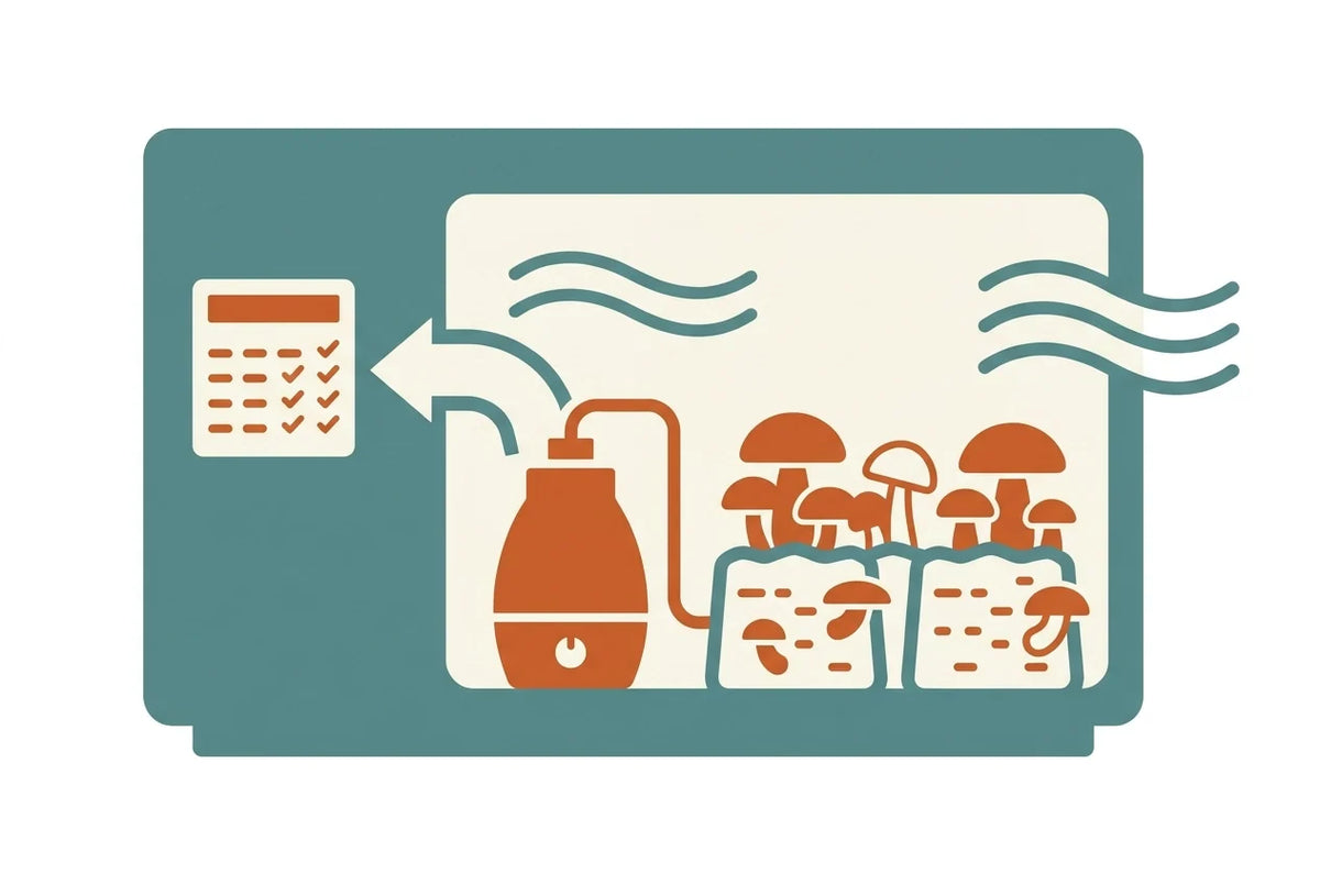 Professional header image for educational tutorial: Pilze züchten in der Growbox: Klima, Luft und Substrat