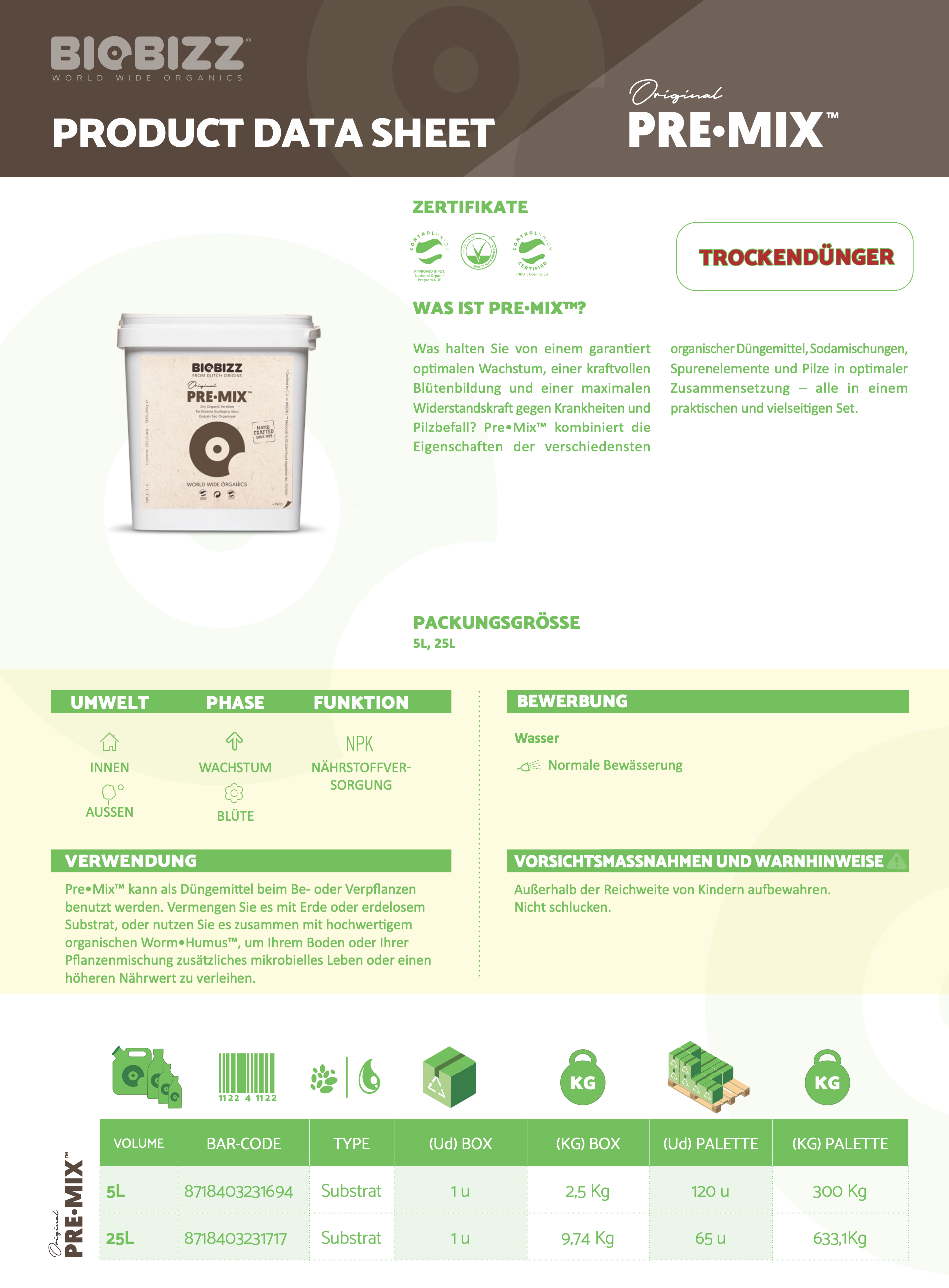 Bio Bizz Pre Mix Produktdatenblatt