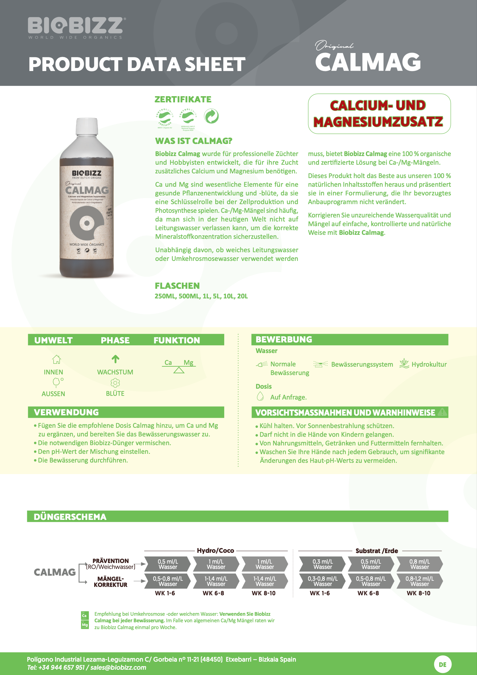 Biobizz Calmag Produktdatenblatt