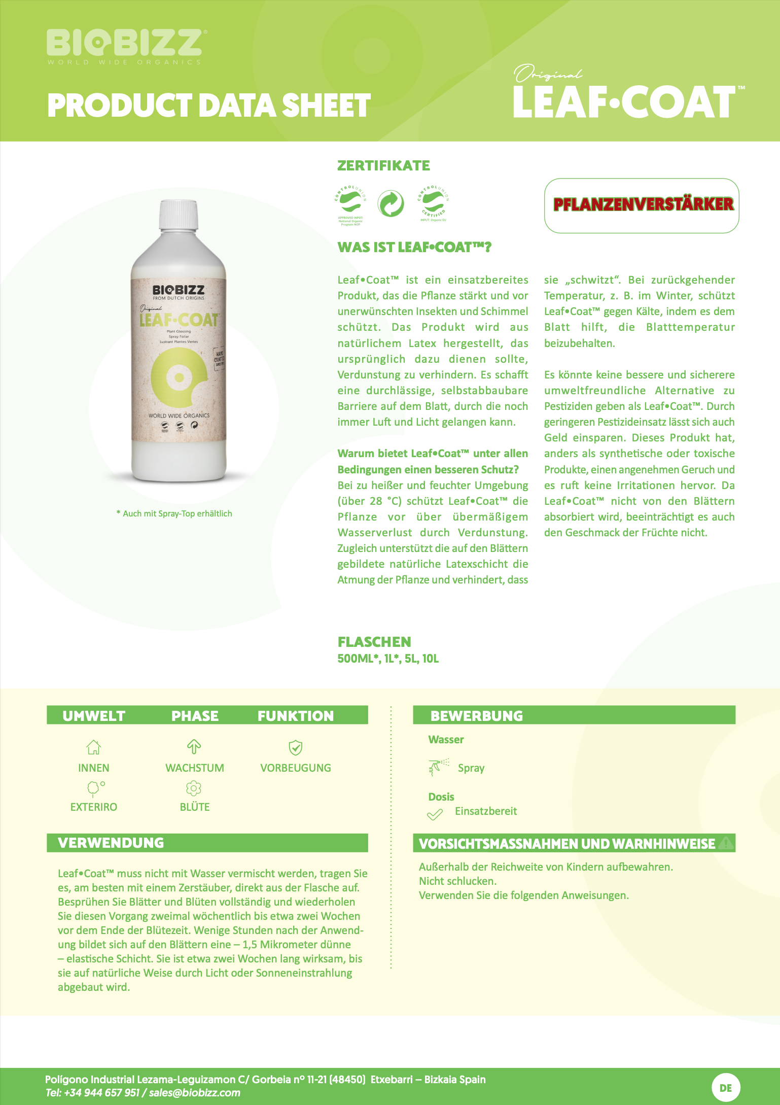 Produktdatenblatt Biobizz Leaf Coat